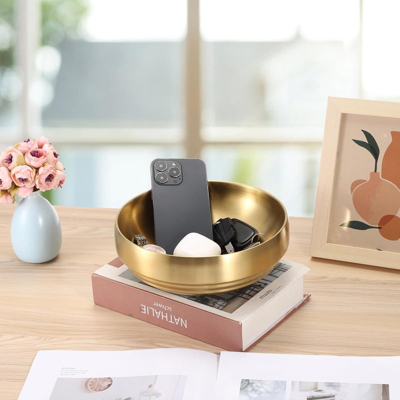 GUSHBIN 8.3" Golden Key Bowl for Entryway Decorative Key Holder Round Fruit Dish Stainless Steel Catch All Bowl for Coffee Table Kitchen Counter Home Decor - Image 2